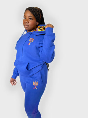 ROYAL BLUE KENTE SATIN LINED HOODIE SET