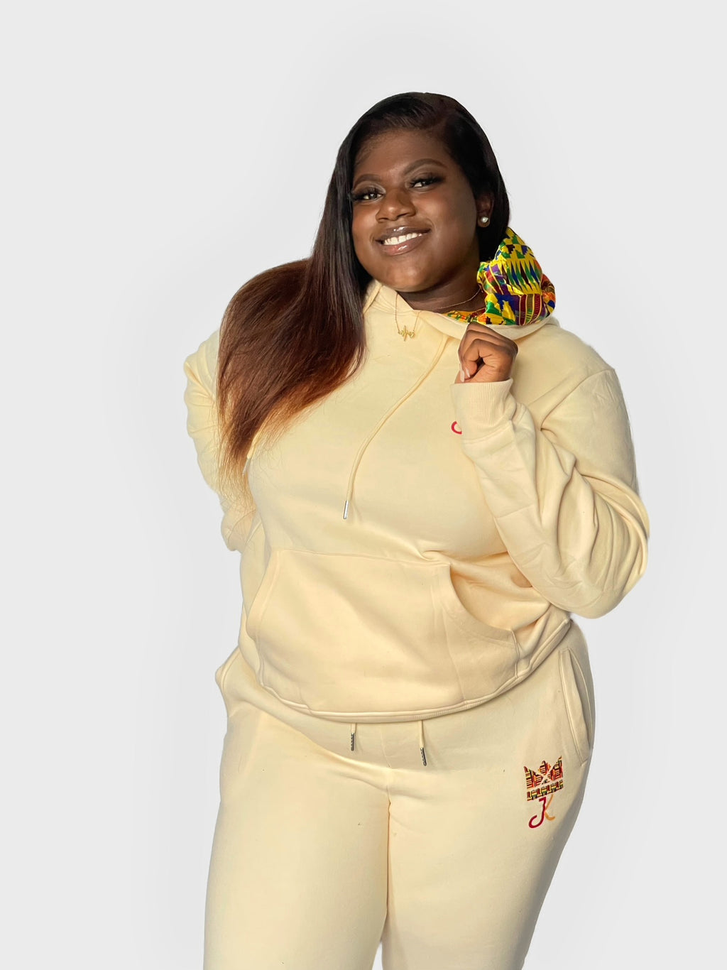 TAN KENTE SATIN LINED HOODIE SET