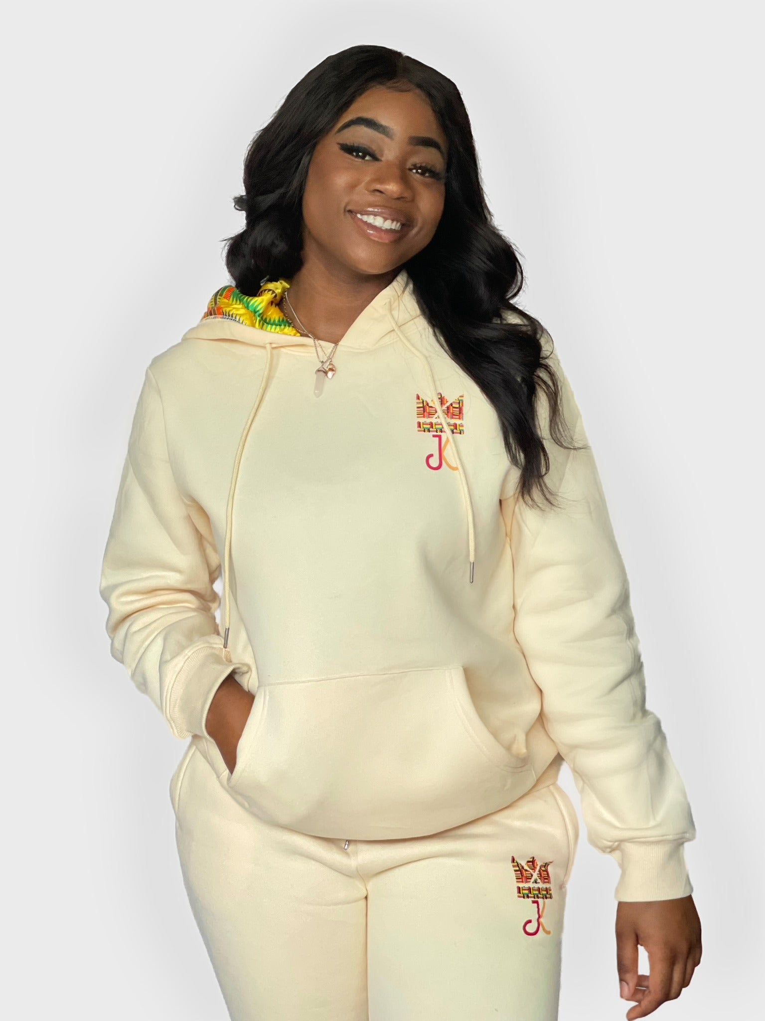 TAN KENTE SATIN LINED HOODIE SET