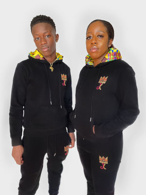 BLACK KENTE SATIN LINED HOODIE SET